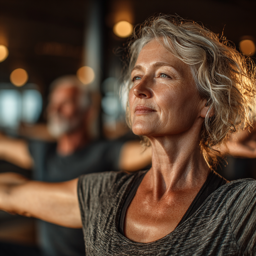 Idős nő jógázik természetes környezetben