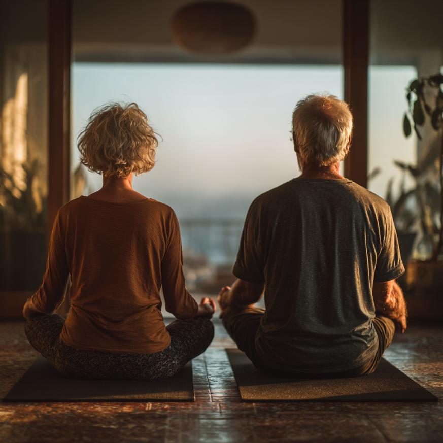 Idős csoport jóga óra természetes fényben