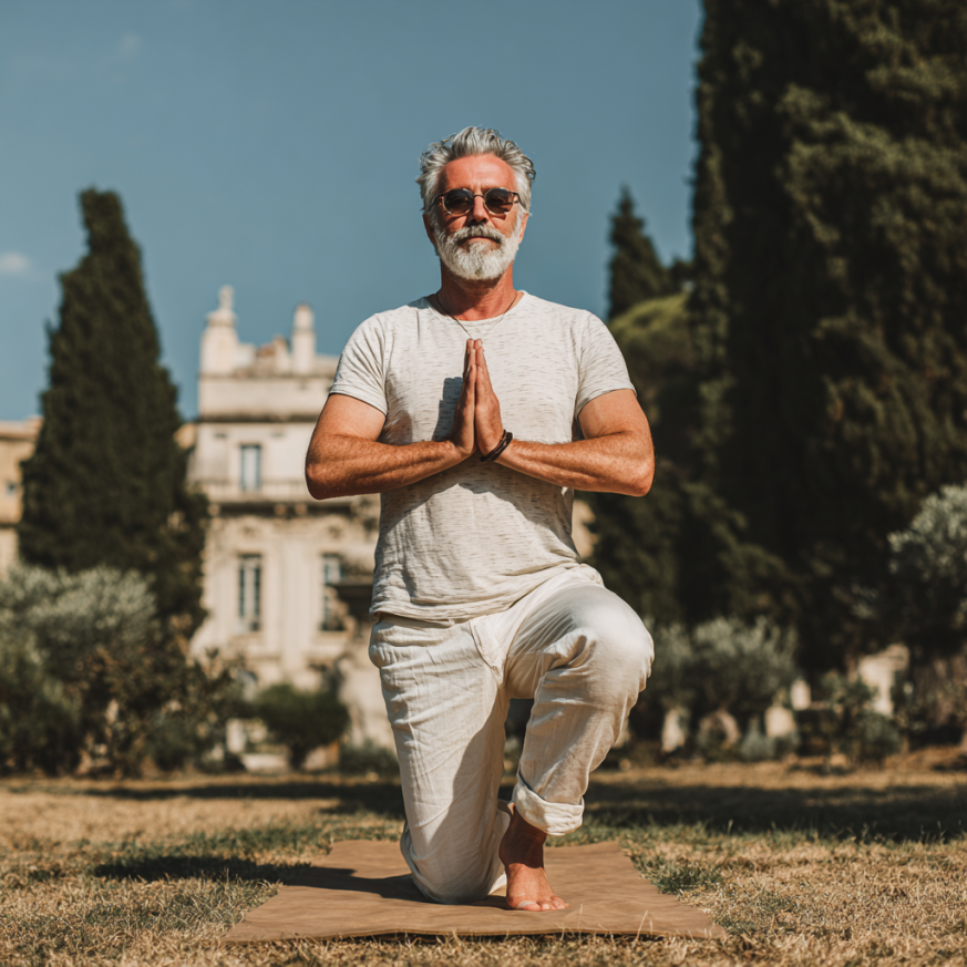 Boldog idős emberek a természetben jógáznak